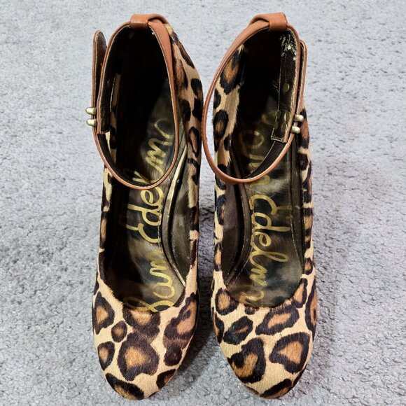 Sam Edelman Lyla Leopard Print Leather Calf Hair Platform Pumps Ankle Strap - Picture 2 of 13